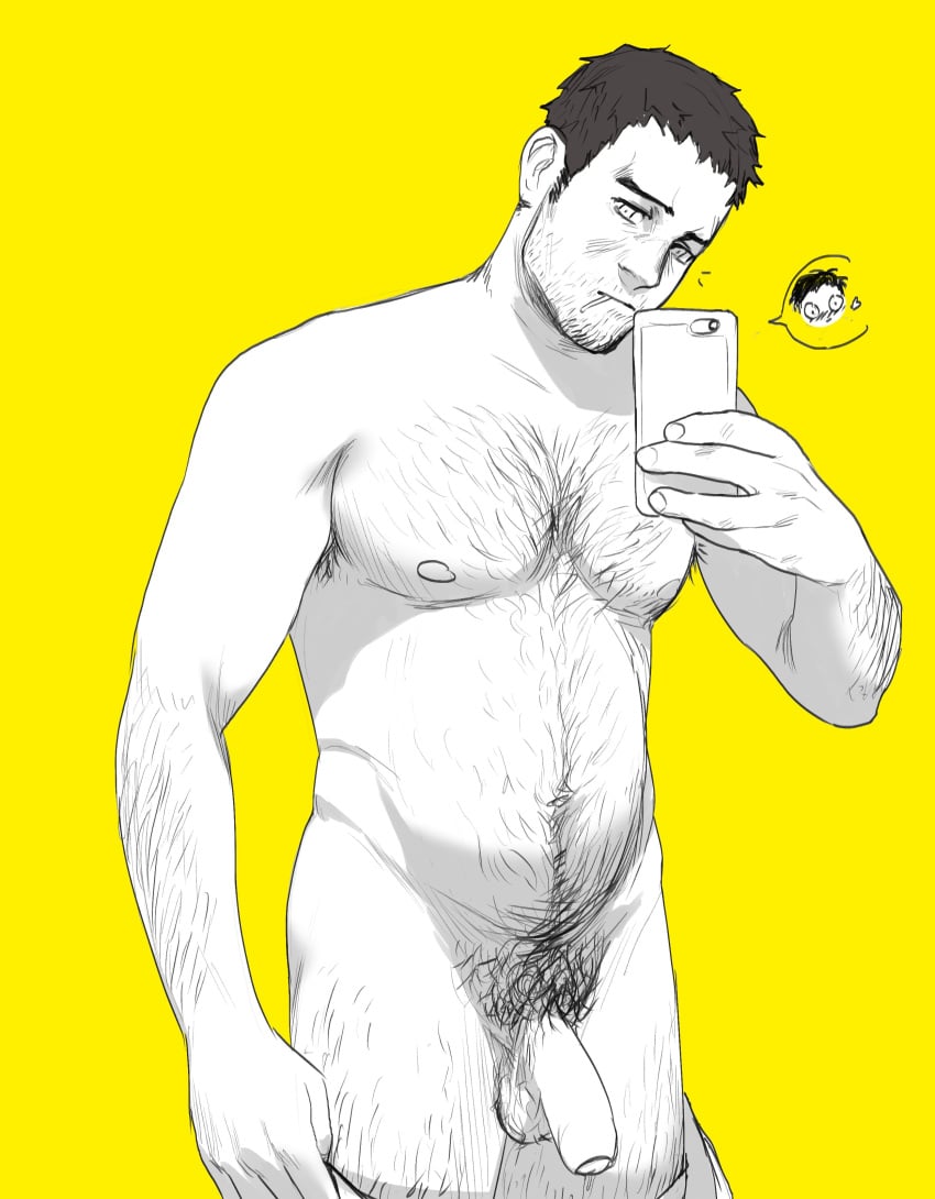 balls dojima_ryotaro facial_hair hairy male male_only monochrome muscles muscular nude penis persona_4 philifatcakes phone solo solo_male