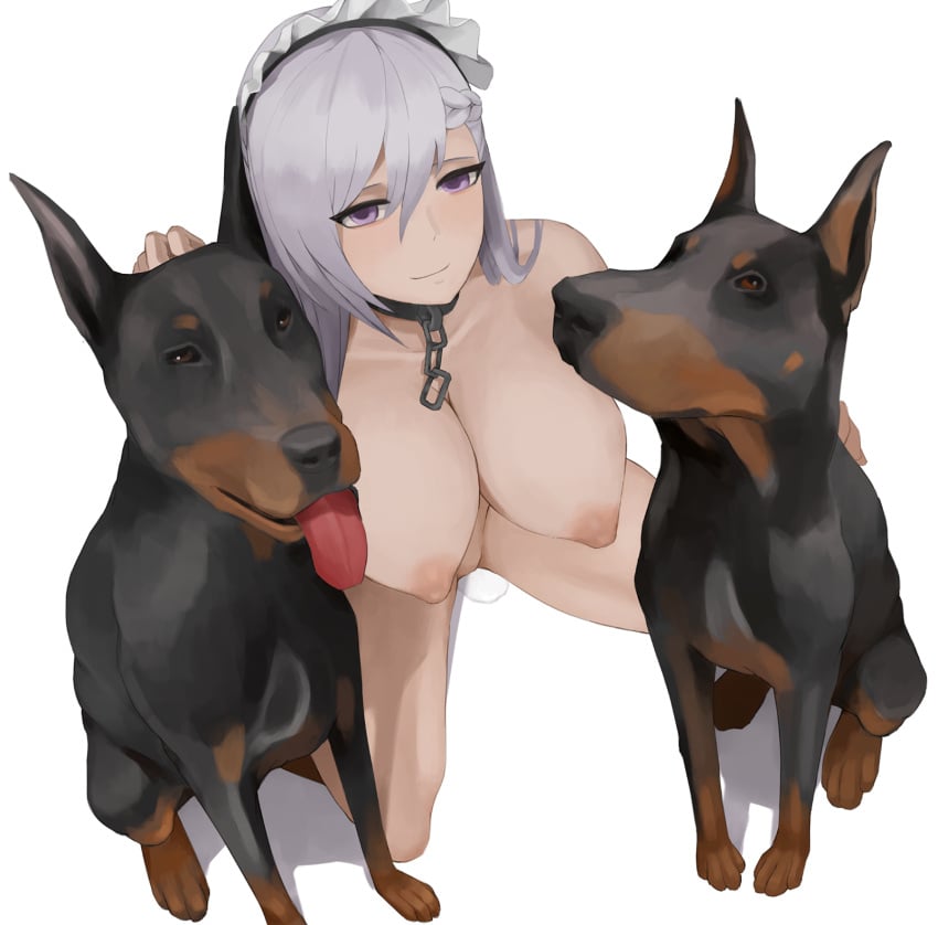 2dogs azur_lane belfast_(azur_lane) breasts canine cheezebawls collar female implied_bestiality kneeling long_hair nude purple_eyes silver_hair sitting tongue_out zoophilia