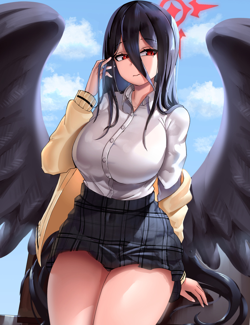 big_breasts black_hair blue_archive hasumi_(blue_archive) long_hair nonomi_(blue_archive) red_eyes school_uniform skirt soruex thick_thighs trinity_general_school_student wings