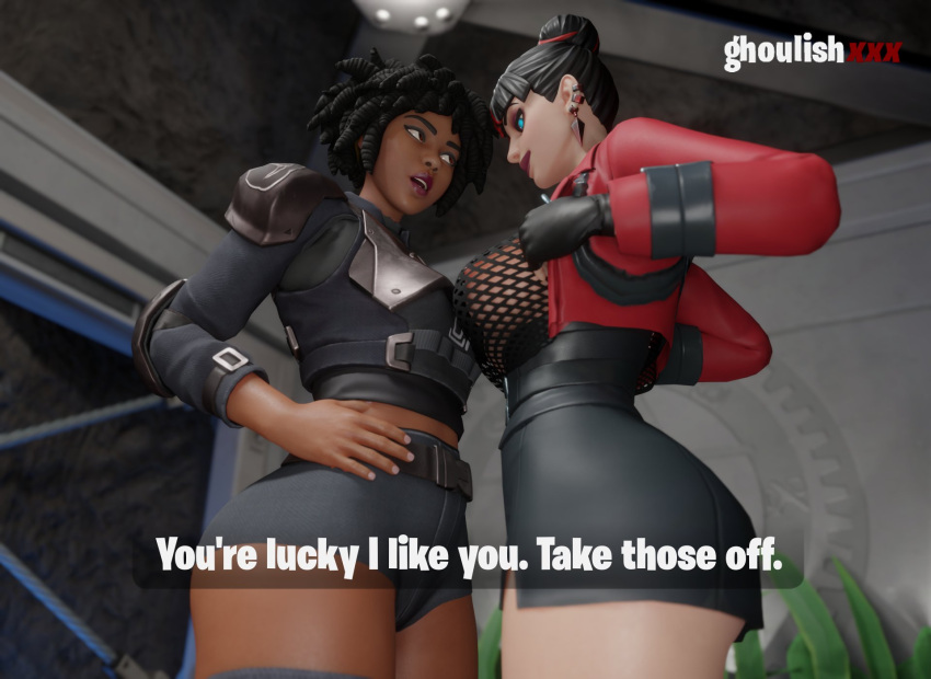 1futa 1girls 3d big_breasts blender breasts dark-skinned_female dark_skin doctor_slone female fortnite futanari ghoulishxxx kor_(fortnite) looking_at_partner office pale-skinned_futanari pale_skin see-through see-through_clothing short_pants shorts skirt tagme text watermark