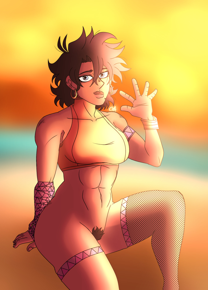 abs blue_eyes brown_hair brown_skin chromexorannex coco_joestar earrings jjba_oc jojo_oc mole muscular_female ourobouro pubic_hair sports_bra stocking