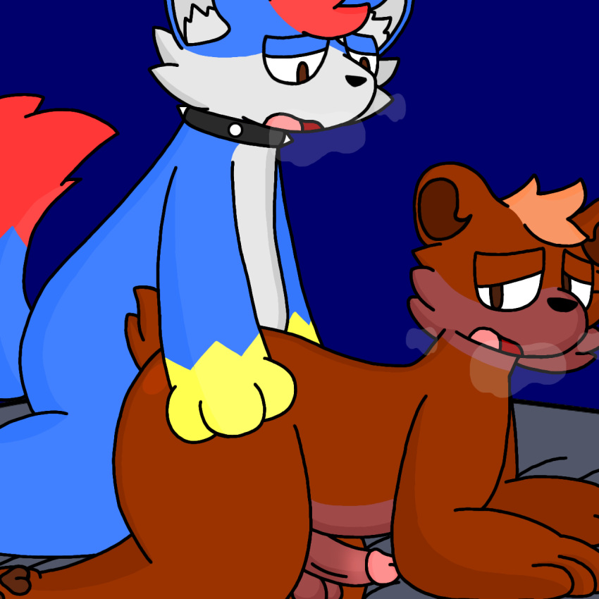 anthro balls canid canine fox fur genitals hair hi_res lyncario male male/male male_penetrated male_penetrating male_penetrating_male mammal nude open_mouth penetration penis sex simple_background thick_thighs tunbear_(lyncario) tunfox_(lyncario) ursid