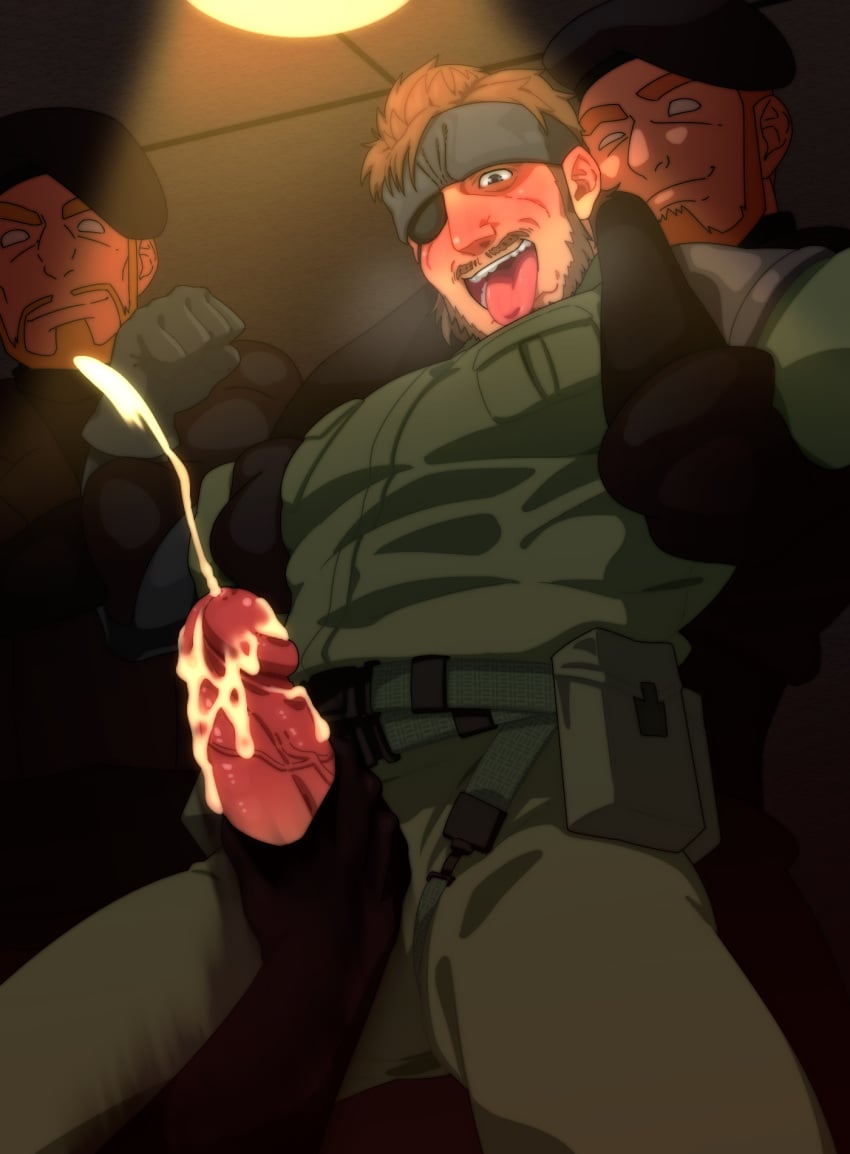 ahe_gao artist_name bara big_boss blush boner bound breath brown_hair cum cum_on_penis disembodied_arm ejaculation erection eye_patch facial_hair fully_clothed gay gloves handjob held_up looking_at_penis looking_down looking_pleasured male male_ahegao male_only metal_gear metal_gear_solid mouth_open multiple_boys naked_snake penis_grab penis_through_fly scar scar_across_eye smith_(ardp13) smithswhc solid_snake tongue tongue_out veins veiny_penis yaoi