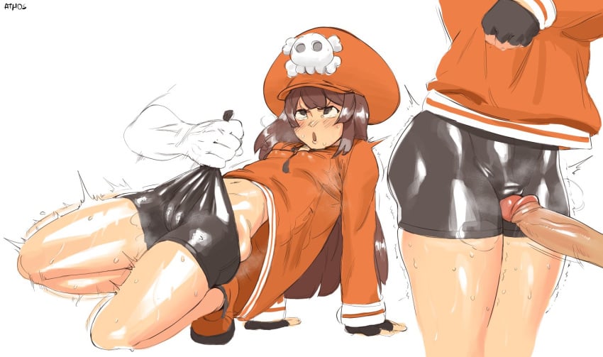 1boy 1girls athosart big_penis blush breasts brown_hair female guilty_gear hat long_hair may_(guilty_gear) penis shiny_clothes shiny_skin shorts small_breasts spandex_shorts thick_thighs thighs trembling