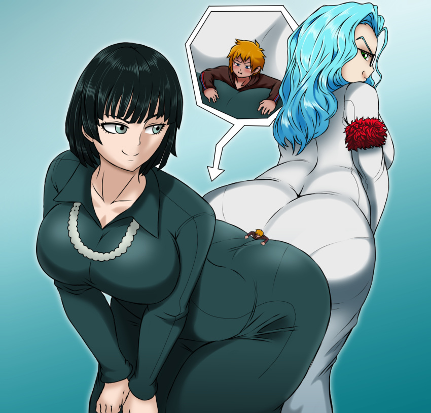 2girls ass_in_dress ass_on_face big_ass blue_hair butt_crush dark_hair female fubuki_(one-punch_man) giantess green_eyes green_hair long_hair male one-punch_man psykos short_hair thick_ass