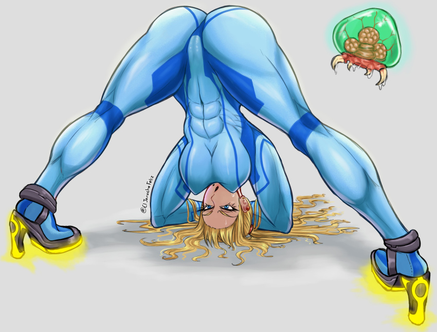 1girls 2021 abs ass baby_(metroid) beauty_mark blonde_hair blue_eyes breasts eljarochofeliz female female_focus heels jack-o_pose jackochallenge metroid metroid_(creature) muscular muscular_female nintendo nipple_bulge samus_aran thick_thighs thighs tomboy zero_suit_samus