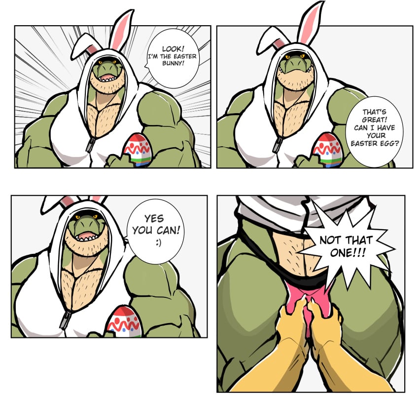 2022 absurd_res ambiguous_gender ambiguous_species anthro barazoku big_bulge big_muscles body_hair bulge bulge_grab chest_hair clothed clothing comic costume darknaigart dialogue dinosaur duo easter easter_egg egg emanata english_text faceless_character facial_hair fake_ears fake_rabbit_ears first_person_view flaccid hand_on_bulge hi_res holidays hood huge_bulge huge_muscles humor jace_(darknaig) jockstrap male male/ambiguous male_only multiple_scenes muscular muscular_anthro muscular_male pecs pubes reptile scalie shirt simple_background smile solo_focus standing tank_top teeth text theropod tongue topwear tyrannosaurid tyrannosaurus tyrannosaurus_rex underwear white_background