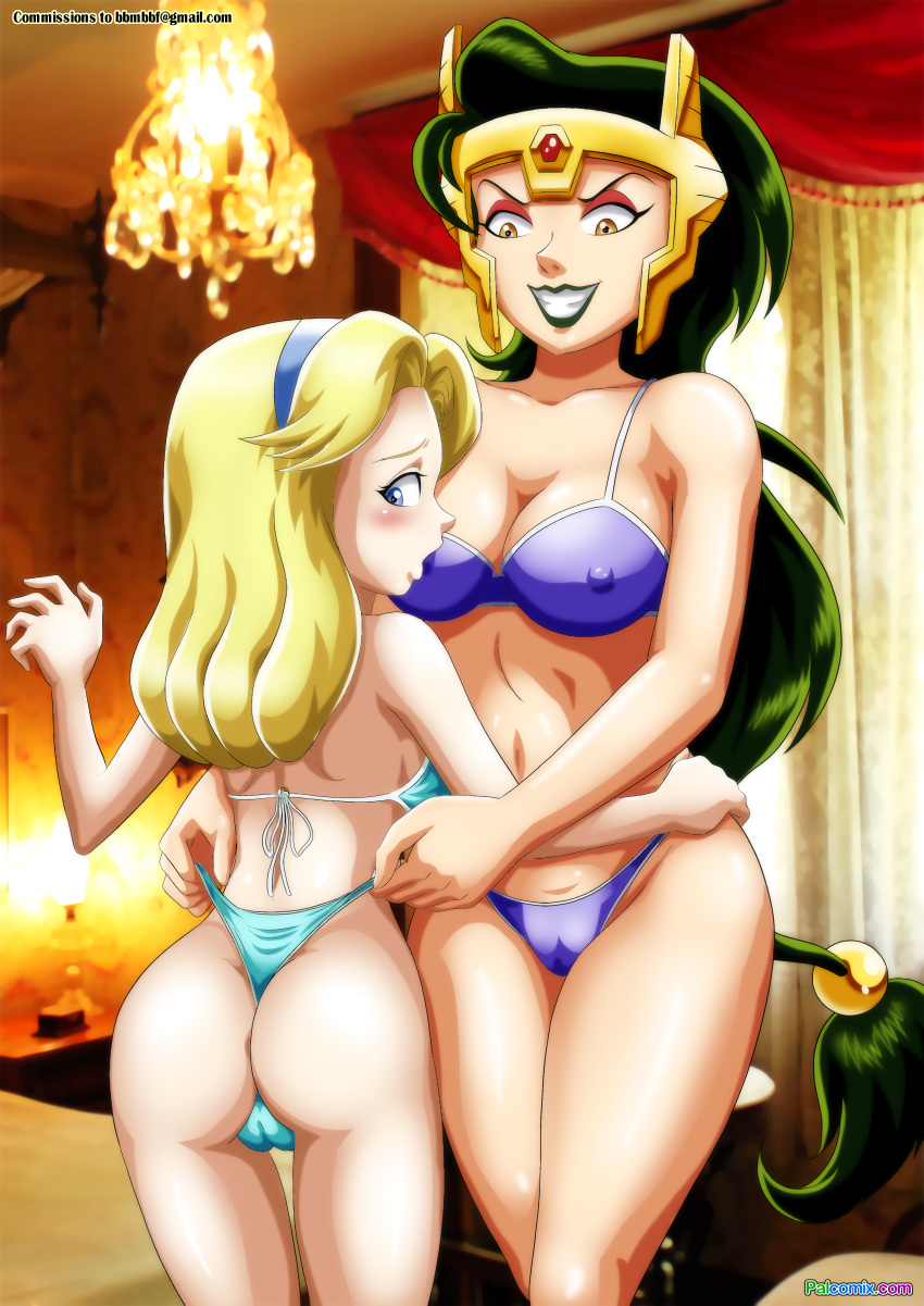 amber_eyes bbmbbf bikini bikini_bottom blonde_hair blue_eyes blush cameltoe green_hair human iron_queen maria_robotnik mobius_unleashed palcomix regina_ferrum regina_the_iron_queen sega sonic_(series) sonic_the_hedgehog_(series) yuri