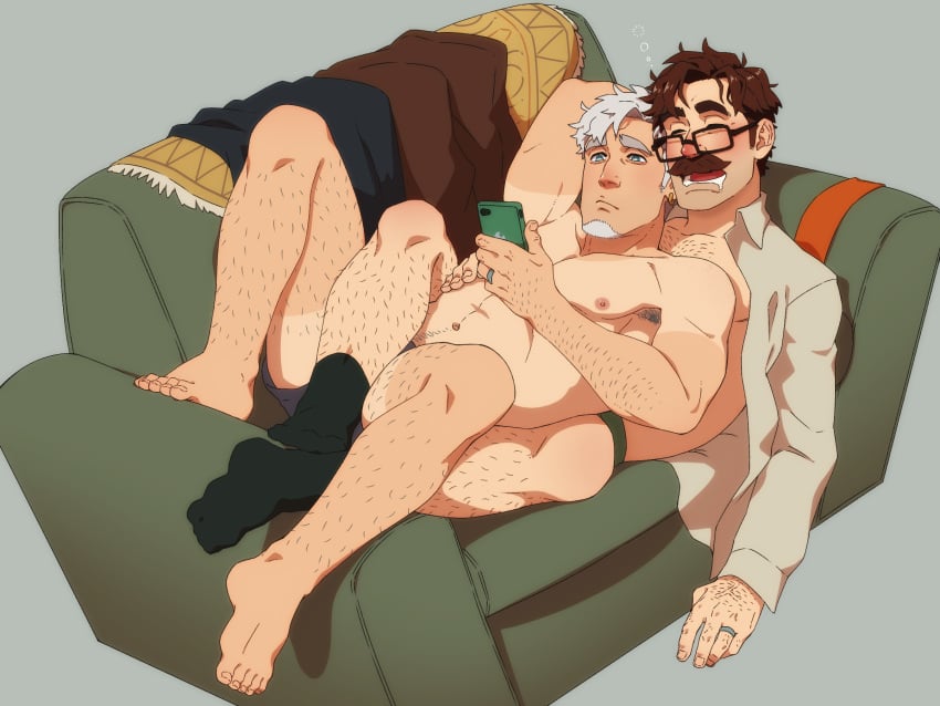 2boys arm_hair armpit_hair armpits artist_name bara blue_eyes blush body_hair chest_hair closed_eyes couch duo facial_hair gay goatee grey_hair happy_trail harvey_(stardew_valley) holding_phone leg_hair looking_at_phone lying lying_on_back male male_only married_couple muscular muscular_male mustache nipples open_shirt phone ring shirt sleeping smith_(ardp13) smithswhc socks stardew_valley tagme tan_lines underwear yaoi