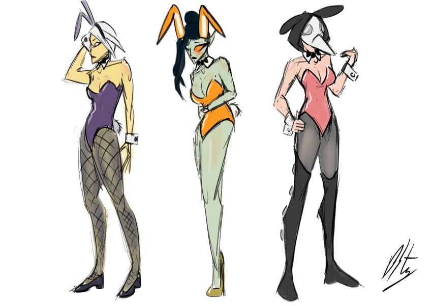 3girls bare_arms bare_legs bare_shoulders bare_thighs big_breasts blue_hair blush bowtie bowtie_collar bunny_ear bunny_ears bunny_girl bunny_hood bunny_tail bunnygirl bunnysuit cnbcustoms collar collarbone demon_girl dnd dungeons_and_dragons elf elf_female elf_girl female female_only fishnet fishnet_legwear fishnet_pantyhose fishnets grey_skin hair_bun half-elf heeled_shoes heels high_heels hood light-skinned_female light_skin long_ears mole mole_on_breast oc orange_eyes original_character original_characters pantyhose plague_doctor plague_doctor_mask purple_eyes rabbit_ears rabbit_tail thigh_boots thighhigh_boots tiefling white_hair