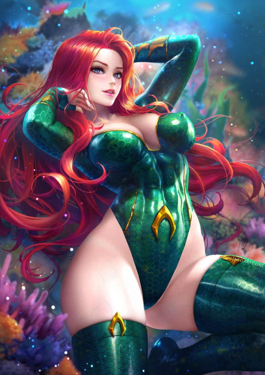 anemone_(flower) aquaman_(series) blushing dc dc_comics edited highleg_leotard large_breasts looking_at_viewer mera neoartcore nipple_bulge nudtawut_thongmai realistic red_hair red_lips redhead skin_tight thick_thighs thighhighs uncensored underwater