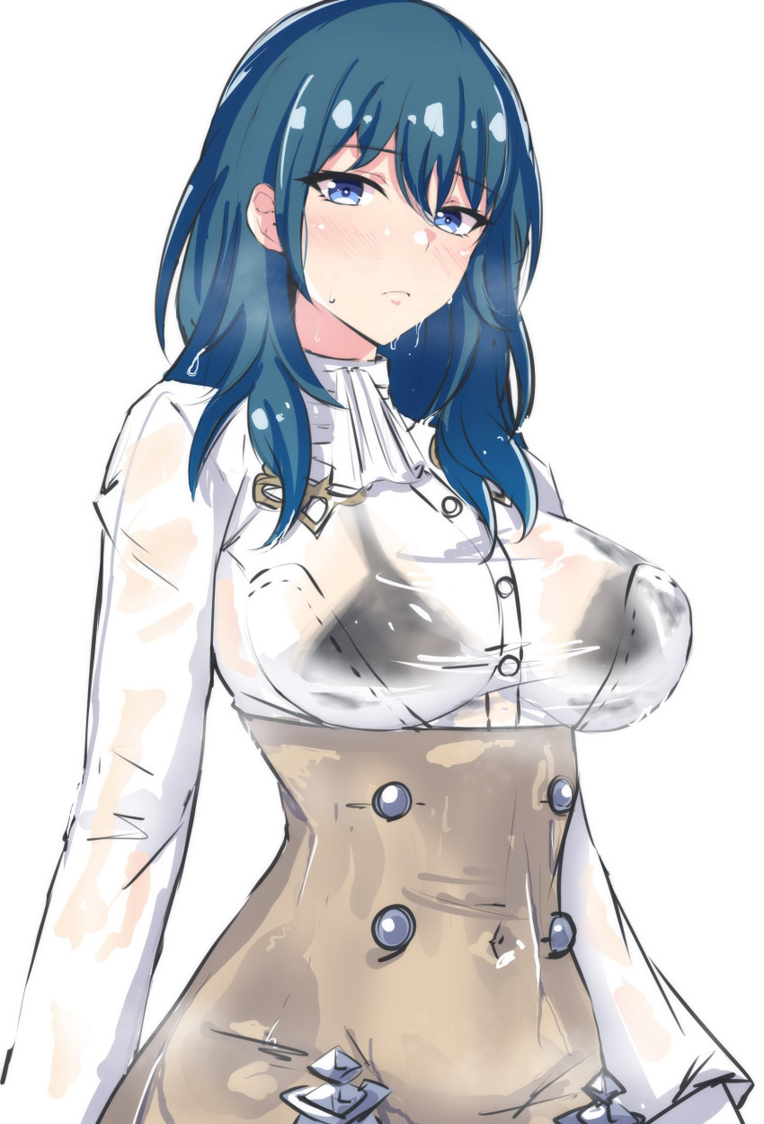 1girls 2023 blue_eyes blue_hair blush bra breasts byleth_(fire_emblem) byleth_(fire_emblem)_(female) covered_navel female female_only fire_emblem fire_emblem:_three_houses garreg_mach_monastery_uniform latte_daruta2 nintendo see-through solo wet wet_clothes wet_shirt white_background