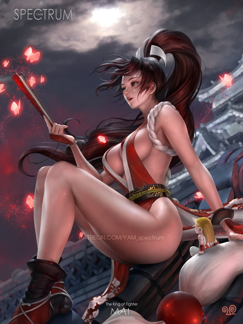 1boy 1girls brown_eyes brown_hair cleavage clothed fatal_fury female female_focus king_of_fighters large_breasts long_hair looking_away mai_shiranui male pinup ponytail rooftop sitting skimpy snk solo_focus tagme watermark yam_spectrum