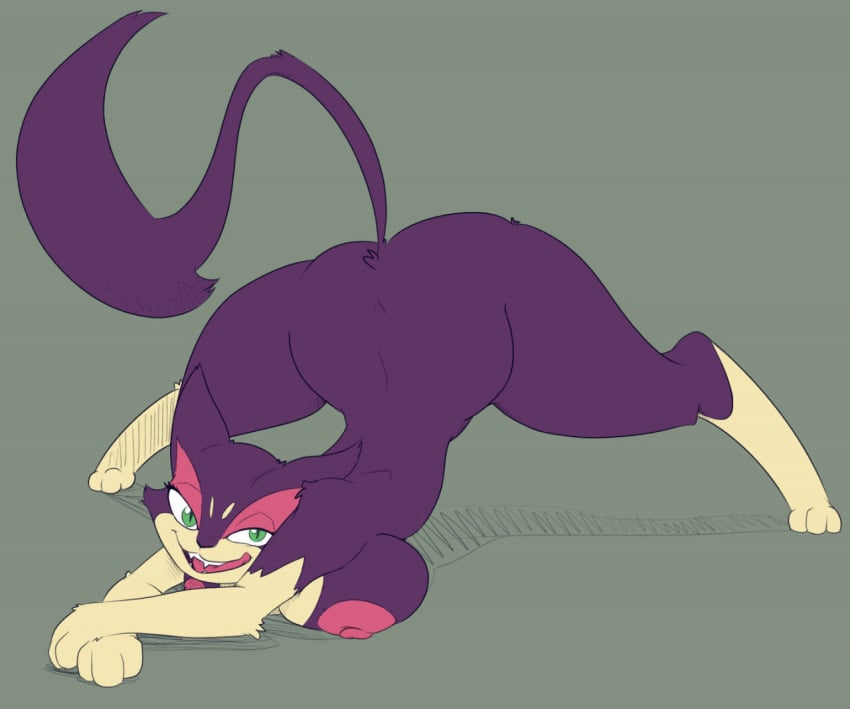 anthro ass ass_up big_breasts big_butt breast_squish breasts felid feline female flexible fur green_eyes imric1251 jack-o'_pose looking_at_viewer mammal nintendo open_mouth pokémon_(species) pokemon pose purple_body purple_fur purrloin smile solo squish video_games