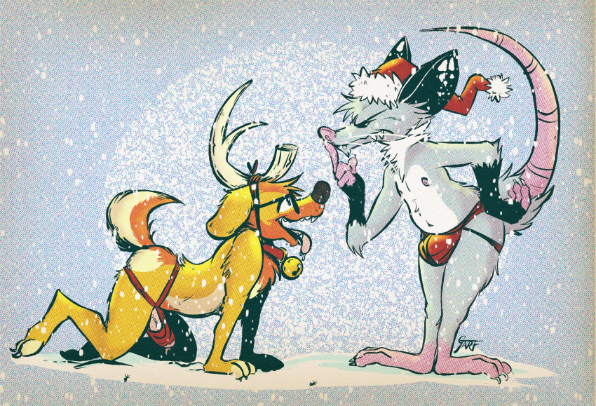 all_fours anthro bell bell_collar bird_dog bodily_fluids bunraku canid canine canis christmas christmas_clothing christmas_headwear clothing collar didelphid domestic_dog duo garf_of_finland genital_fluids golden_retriever hat headgear headwear hi_res holidays hunting_dog jockstrap kon_shearo leaking_precum male male/male mammal marsupial petplay precum reindeer_antlers reindeer_costume retriever roleplay santa_hat snow underwear