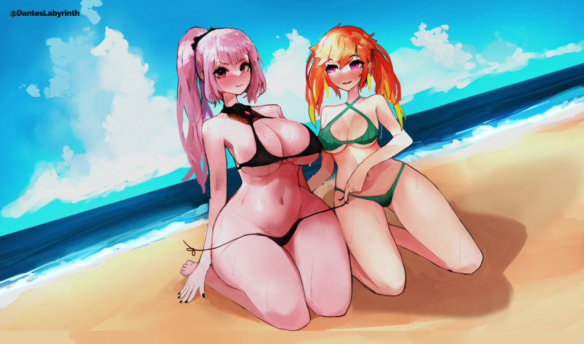 2girls beach big_breasts bikini bikini_bottom bikini_top blush bursting_breasts cleavage danteslabyrinth female female_focus female_only hololive hololive_english hololive_myth huge_breasts long_hair mori_calliope orange_hair pink_hair ponytail purple_eyes red_eyes sand sea seaside side-tie_bikini sweat sweatdrop sweaty takamori_(hololive) takanashi_kiara thick_thighs twintails underboob virtual_youtuber wide_hips yuri