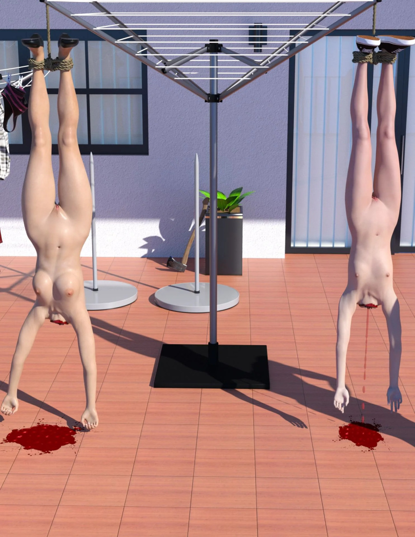 2girls after_decapitation artist_request axe black_panties blood blood_drip blood_puddle blood_stain bondage breasts chair chairs clothesline convulsions cut_neck daughter decapitated decapitation english_text gore hanger hanging_by_feet lawn_chair medium_breasts multiple_girls navel nipples nude nude_female original original_character panties patio pussy sea seaside shoes small_breasts snuff suspension thigh_gap upside-down wide_hips wife