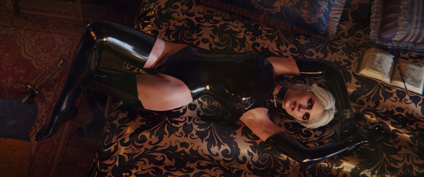 3d 3d_(artwork) 4k alternate_version_available armpits cd_projekt_red choker ciri latex latex_bodysuit latex_clothing latex_gloves latex_legwear latex_suit latex_thighhighs looking_at_viewer medium_breasts niodreth silver_hair solo the_witcher_(series) the_witcher_3:_wild_hunt