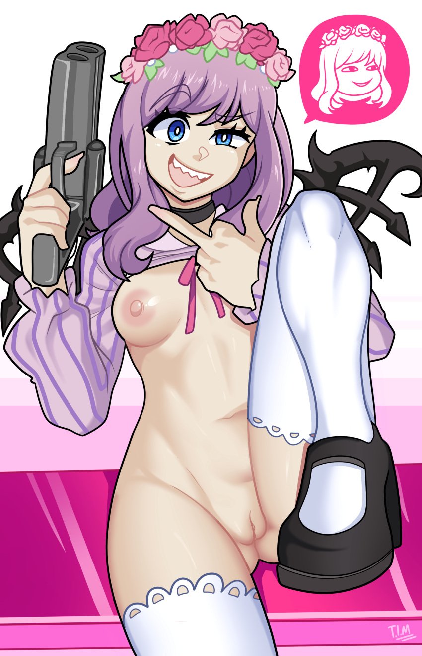 1girls blue_eyes coco_atarashi gun hair_ornament looking_at_viewer middle_finger neo:_the_world_ends_with_you nipples partially_clothed purple_hair smile solo square_enix the_world_ends_with_you theironmountain