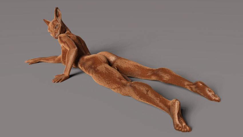 3d_(artwork) 5_fingers 5_toes anthro arched_back ass backsack balls blue_eyes digital_media_(artwork) domestic_cat earthclan3d feet felid feline felis fingers fur furry_balls genitals gynomorph humanoid_genitalia humanoid_penis intersex looking_back lying mammal maya_(earthclan) on_front orange_body orange_fur penis penis_backwards pink_penis pointed_feet solo straight_legs toes