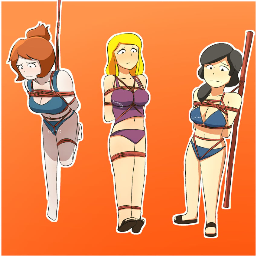 3girls acorn_hair belly_button black_eyes black_hair blonde_hair blue_bra blue_panties bondage bra breasts cleavage clothed clothed_female clothing collarbone feet female female_only footwear hair_bun hands_behind_back looking_down mbklvrs medium_breasts midriff noodle_hair orange_background orange_hair outline panties pizza_girl_(roblox) plain_background pole ponytail purple_panties purple_tank_top restrained restrained_arms restrained_legs roblox roblox_avatar rope rope_between_breasts rope_bondage rope_harness sandals simple_background standing stomach tank_top underwear white_hair white_outline yellow_hair