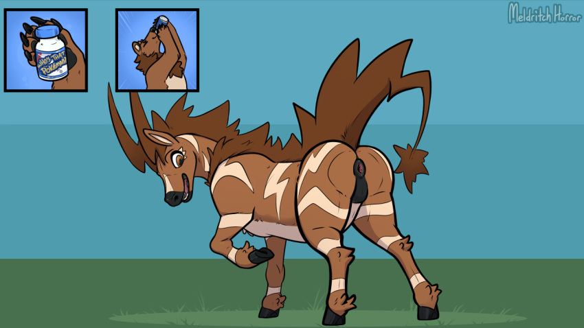 16:9 ambiguous_gender anthro anthro_to_feral anus ass brown_bear brown_body brown_fur drugs equid equine feral fur grizzly_bear hair hooves kuruk_(character) mammal mane mane_hair melthecannibal nintendo null pawpads pills pokémon_(species) pokemon presenting presenting_hindquarters raised_hoof solo species_transformation surprised_expression transformation ursid ursine video_games widescreen zebra zebstrika