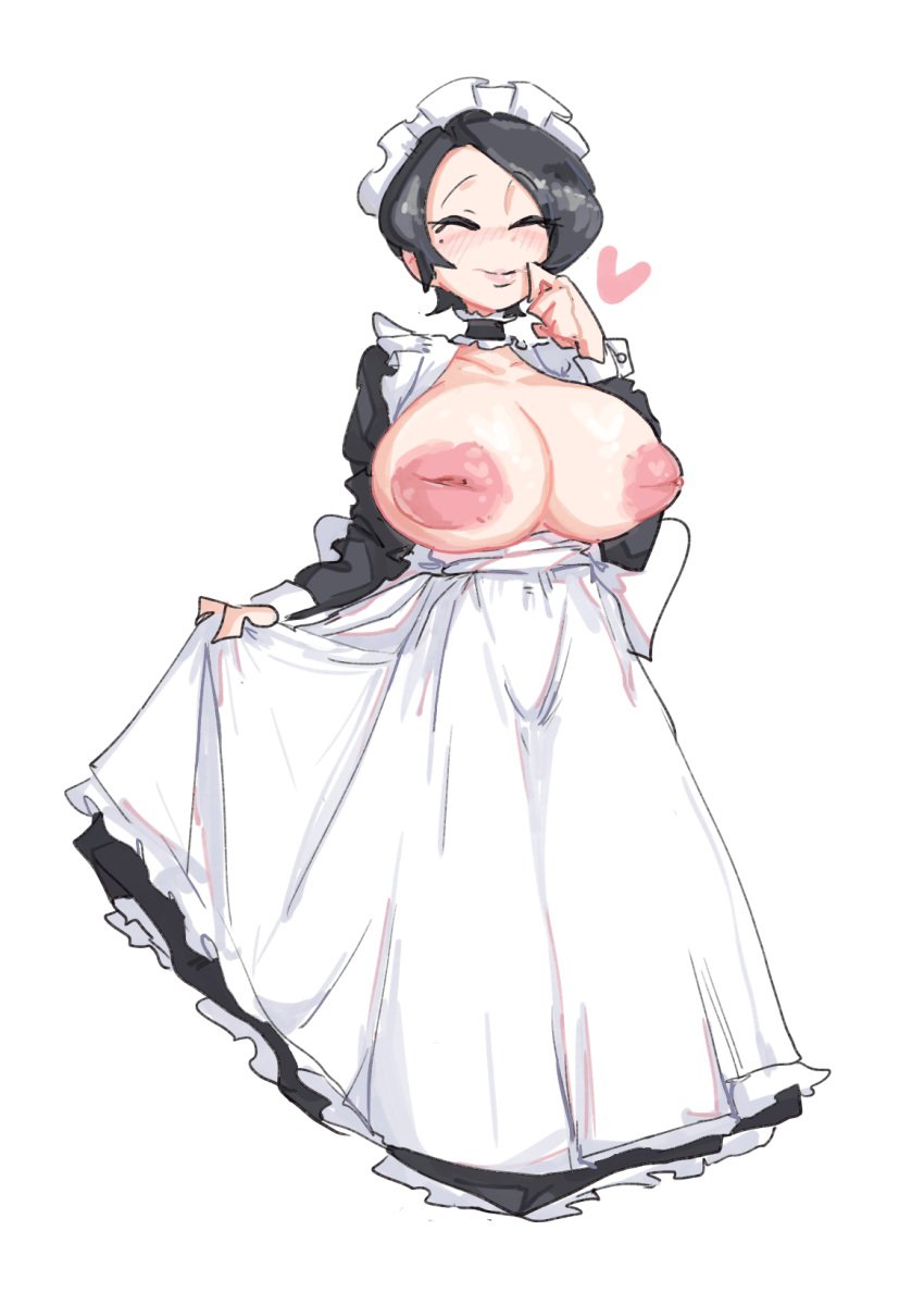 apron black_hair breastless_clothes breastless_clothing breasts breasts_out breasts_outside casual_nudity choker dress exposed_breasts female fully_clothed heart inverted_nipples large_breasts leebongchun maid maid_headdress maid_uniform mole_under_eye no_bra topless_dress