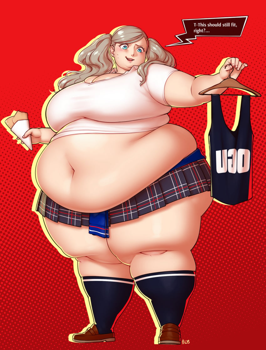 1girls 2022 alternate_body_type ann_takamaki atlus bbw belly better_with_salt blue_eyes breasts collared_shirt crepe english english_text fat female hips huge_breasts loafers nervous nervous_smile obese obese_female overweight overweight_female persona persona_5 pigtails pleated_skirt plump red_background school_uniform shoes skirt socks solo solo_female solo_focus speech_bubble standing text thick_thighs thighs wide_hips