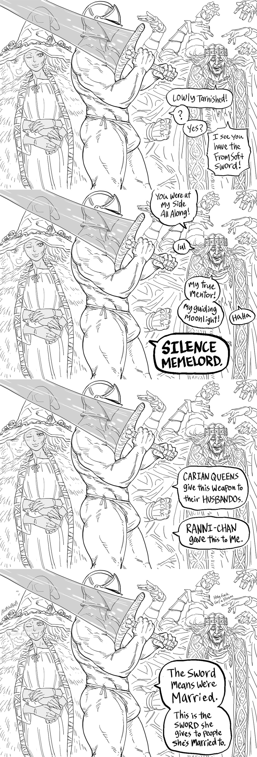 1girls 2boys ass bb_(baalbuddy) big_penis bloodborne blush bulge bulge_through_clothing comic dark_moon_greatsword dialogue elden_ring embarrassed fromsoftware funny godrick_the_grafted monochrome moonlight_greatsword muscular_male ranni_the_witch tarnished text underwear wholesome