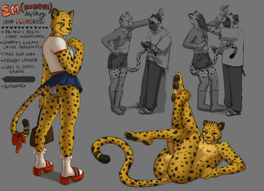 annoyed anthro balls bottomwear cheetah clothed clothing crossdressing danny_(gayrider8) em_(gayrider8) english_text eyebrows felid feline flirting fur gayrider8 genitals hi_res humanoid_genitalia humanoid_penis hyaenid male mammal penis purse skirt spots spotted_body spotted_fur spotted_hyena text