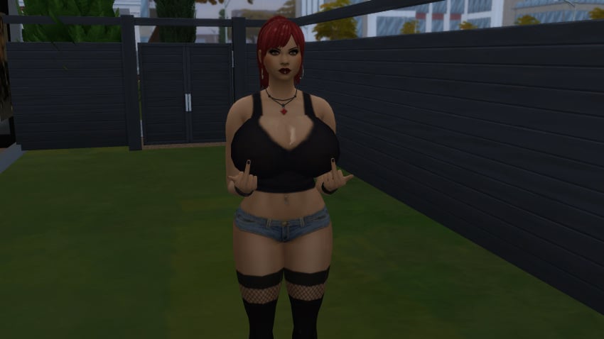 big_ass big_breasts booty_shorts flipping_off sims4 stripper tight_tank_top