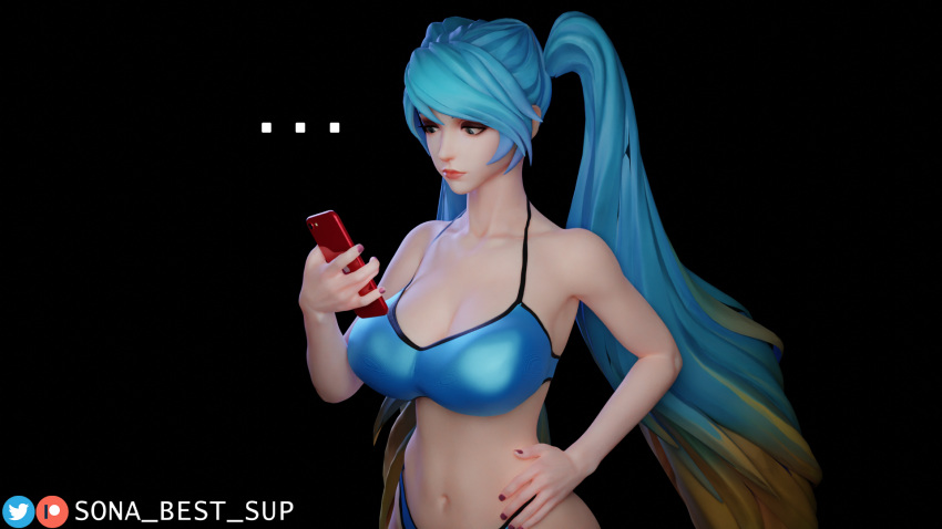 1girls 3d 3d_(artwork) artist_name artist_signature belly_button black_background blue_eyes blue_hair bra league_of_legends light-skinned_female light_skin lipstick panties patreon_username phone sona_best_sup sona_buvelle twitter_username underwear yellow_highlights