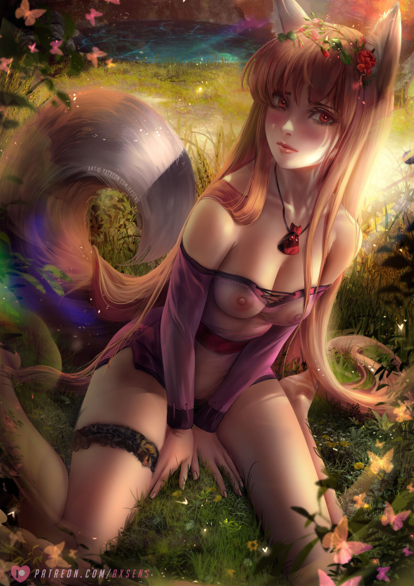 1girls alternate_version_available axsens bare_shoulders blush brown_hair clothing detailed_background embarrassed female female_only flower garter high-angle_view holo innie_pussy kemonomimi large_breasts long_hair long_sleeves medium_breasts minidress necklace no_bra no_panties off_shoulder outside realistic red_eyes see-through see-through_clothing short_dress shy sitting solo spice_and_wolf uncensored wariza wolf_ears wolf_girl wolf_tail