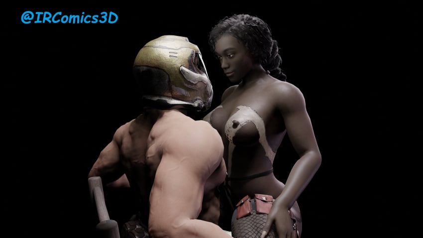 1boy 1girls 3d black_hair breasts crossover dark-skinned_female dark_skin doom doom_slayer_(doom) female fishnets helmet interracial ircomics3d jacqui_briggs male male/female mortal_kombat mortal_kombat_11 nipples unseen_male_face video_games