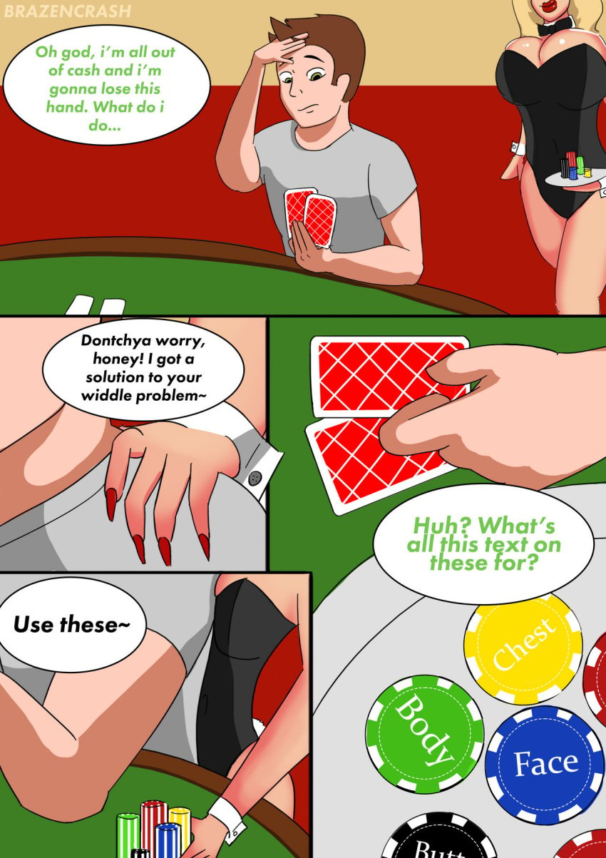 1boy 1girls asianification big_breasts brazencrash bunnysuit color english_text gender_transformation male_to_female mtf_transformation poker poker_chip race_swap red_nails rule_63 text text_bubble transformation