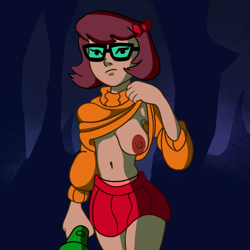 bow brown_hair female flashlight frown glasses no_bra one_breast_out ortus1 sagging_breasts scooby-doo short_hair skirt solo sweater velma_dinkley