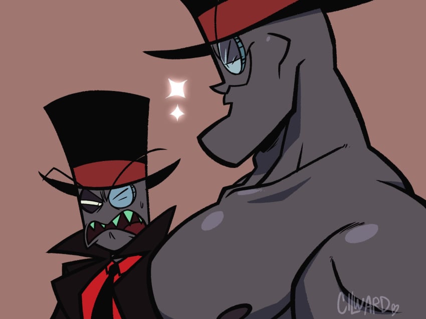 2boys big_muscles big_pecs black_eyes black_hat black_hat_(villainous) black_hot_(villainous) cartoon_network cilward classy clothed demon disgusted gay girl_staring_at_guy's_chest grey_body hat humanoid long_eyebrows looking_at_muscles male/male meme monocle moobs mouth_open muscular muscular_male nervous nipples pecs pectorals sharp_teeth shirt smiling staring staring_at_breasts stars suit sweat tie top_hat topless topwear villainous