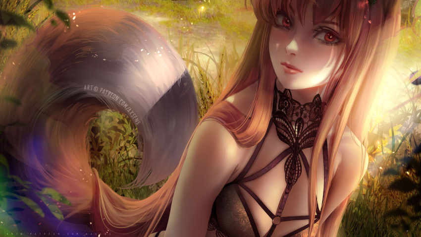 1girls axsens blush bra brown_hair female female_only harness holo kemonomimi lace large_breasts lingerie long_hair medium_breasts realistic red_eye solo spice_and_wolf upper_body very_long_hair wolf_ears wolf_girl wolf_tail