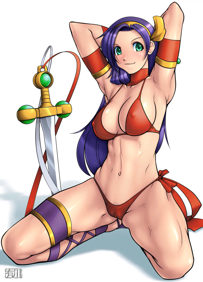 1girls arikawa armpits arms_behind_head arms_up athena_(series) belly_button big_breasts bikini breasts busty cameltoe erect_nipples_under_clothes female female_only green_eyes hairband highres kneeling large_breasts long_hair looking_at_viewer navel pose posing princess_athena pubic_hair purple_hair red_bikini sensual side-tie_bikini smile snk solo swimsuit sword toned weapon