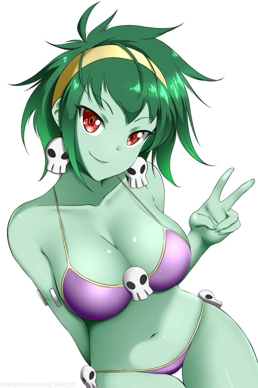 1girls 2d belly_button big_breasts bikini breasts clothed clothing earrings female female_focus female_only female_solo green_hair green_skin hand_between_legs headband highres kimmy77 looking_at_viewer partially_clothed peace_sign red_eyes rottytops shantae short_hair skull_earrings smile smiling smiling_at_viewer smooth_skin solo solo_female tagme thighs two_fingers_up v wayforward white_background zombie zombie_girl