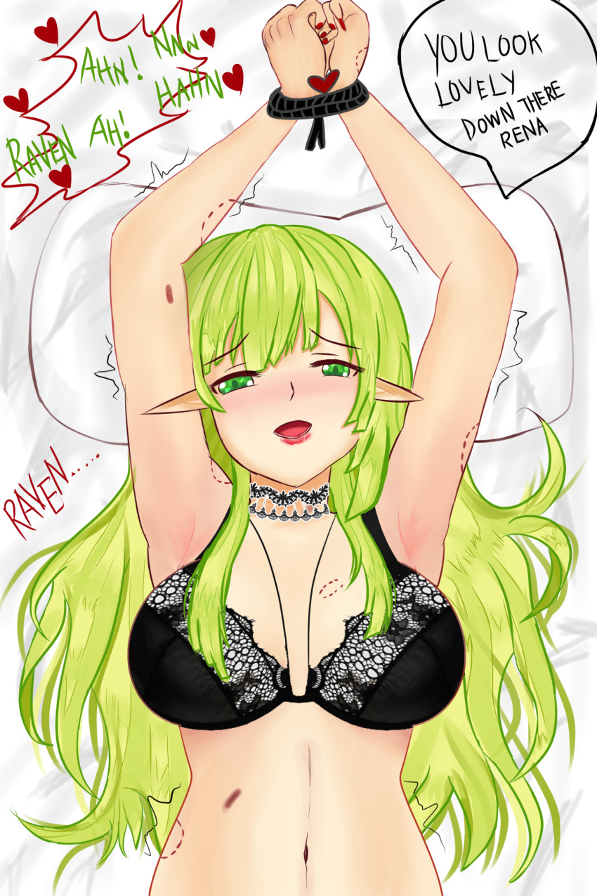 1girls arms_up bite_mark bra cuffed elsword hickey highres on_bed pointy_ears raven_cronwell rena_erindel sirazun tagme underwear