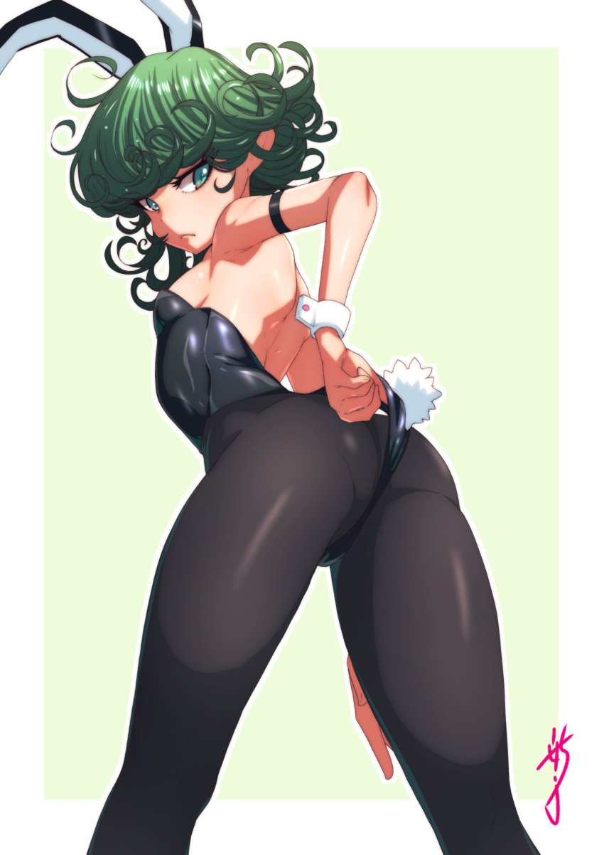 1girls abiko_zyozi ass bare_back bunny_ears bunny_girl bunnysuit female female_only green_eyes green_hair hi_res looking_back one-punch_man small_breasts solo tatsumaki