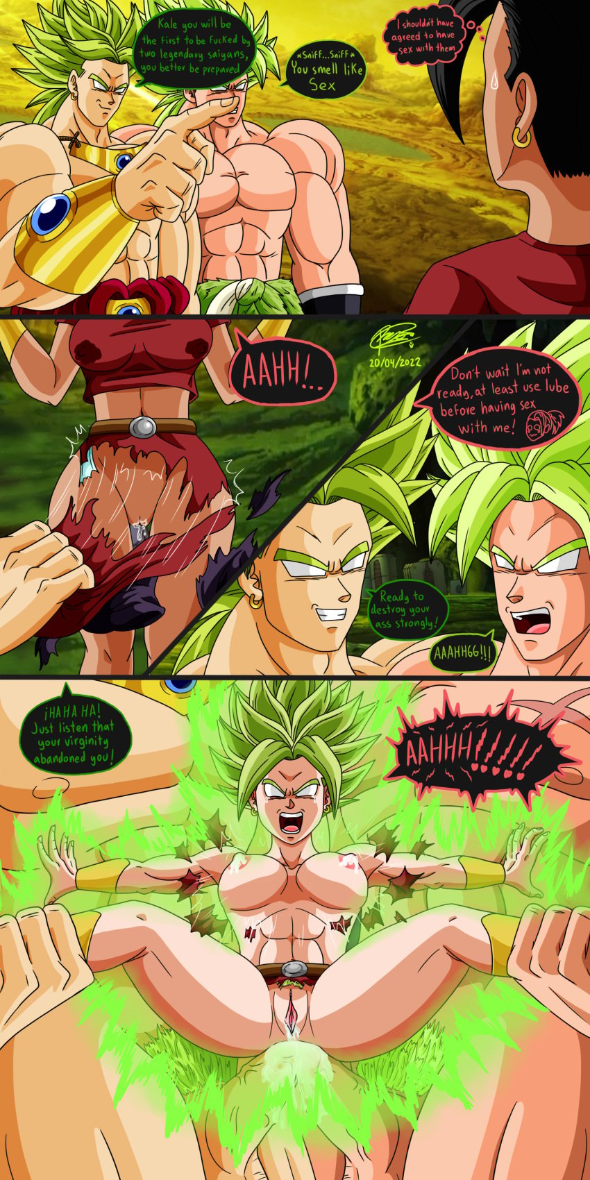 1girls 2boys anal_sex big_penis black_hair broly broly_(dragon_ball_super) broly_(dragon_ball_z)_1993 colored cuffs dirty_talk double_anal double_penetration dragon_ball dragon_ball_super dragon_ball_z english erect_nipples green_hair holding_legs kale kale_(berserker) larger_male legendary_super_saiyan legs_spread milking multiverse muscular_female muscular_male necklace original original_artwork pubic_hair pupilless_eyes pussy_juice pussy_juice_drip reyeshentai(artist) ripped_clothing scars_on_pectorals sex signature size_difference smaller_female thick_penis trio uncensored virginity_loss