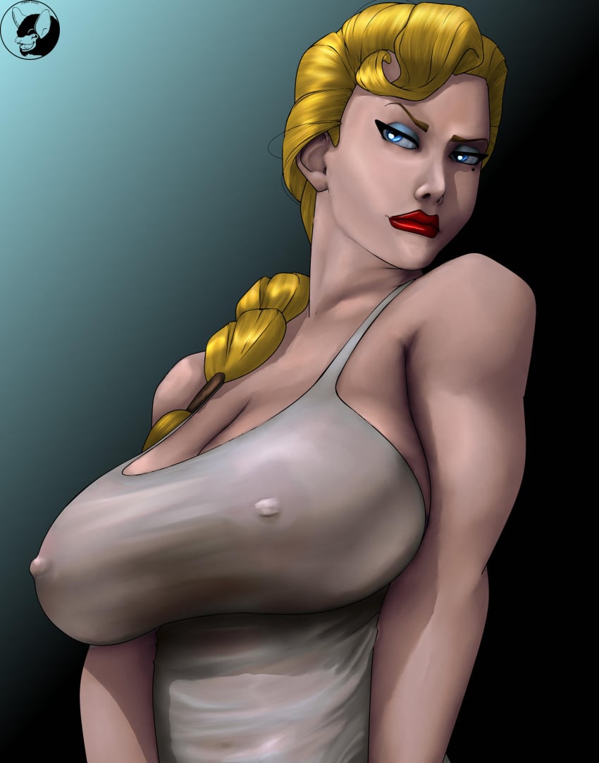 atlantis:_the_lost_empire bare_shoulders beauty_mark big_breasts blindanubis blonde_female blonde_hair blue_eyes breasts busty cleavage disney erect_nipples female female_focus female_only helga_sinclair hourglass_figure large_breasts lipstick long_hair makeup nipple_bulge nipples pinup pinup_pose pokies skin_tight solo tagme tank_top