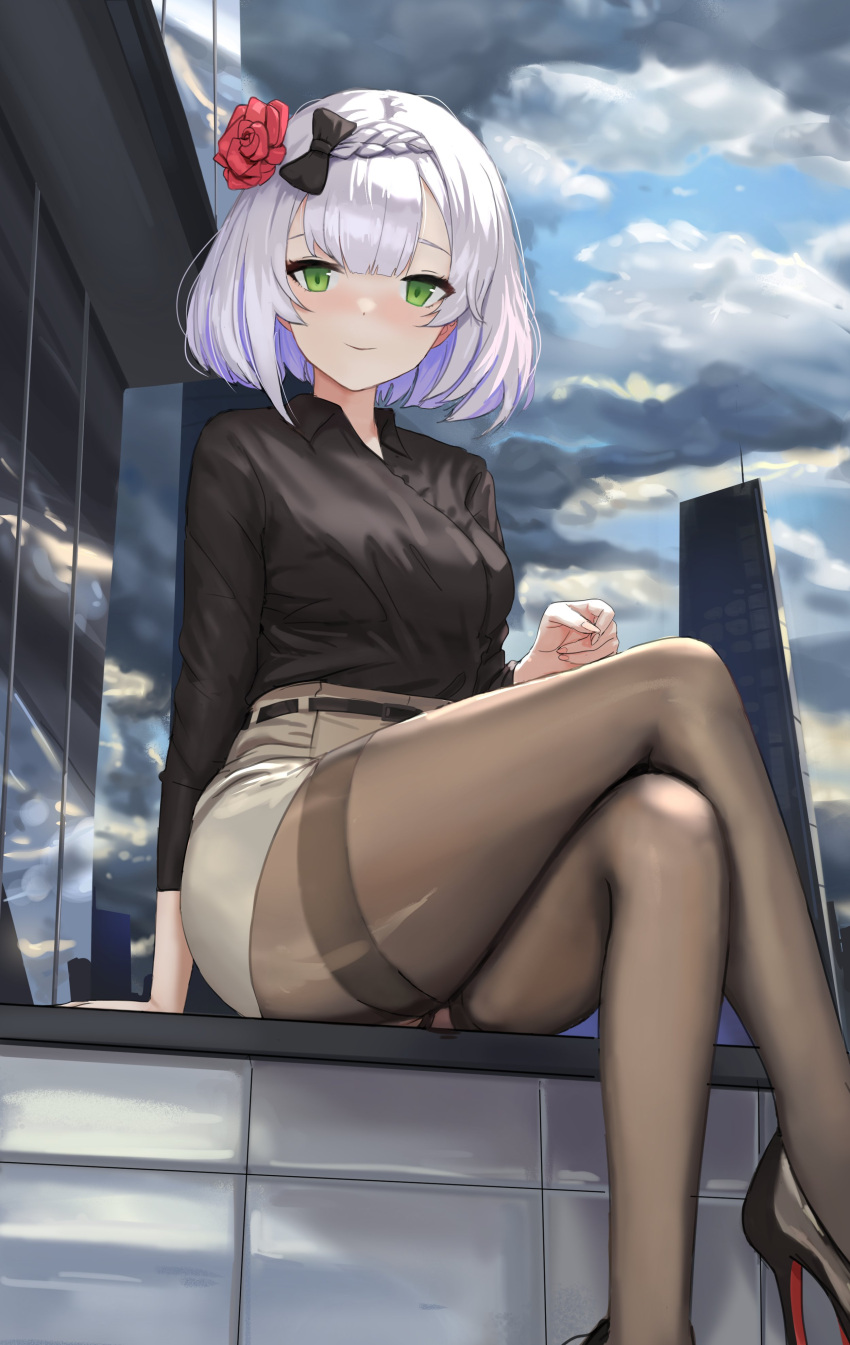 1girls black_bow black_shirt blouse business_suit clothed clothing dolri female female_only genshin_impact green_eyes heels high_heels legs lingerie noelle_(genshin_impact) pantyhose shirt skirt thick_thighs white_hair white_skirt