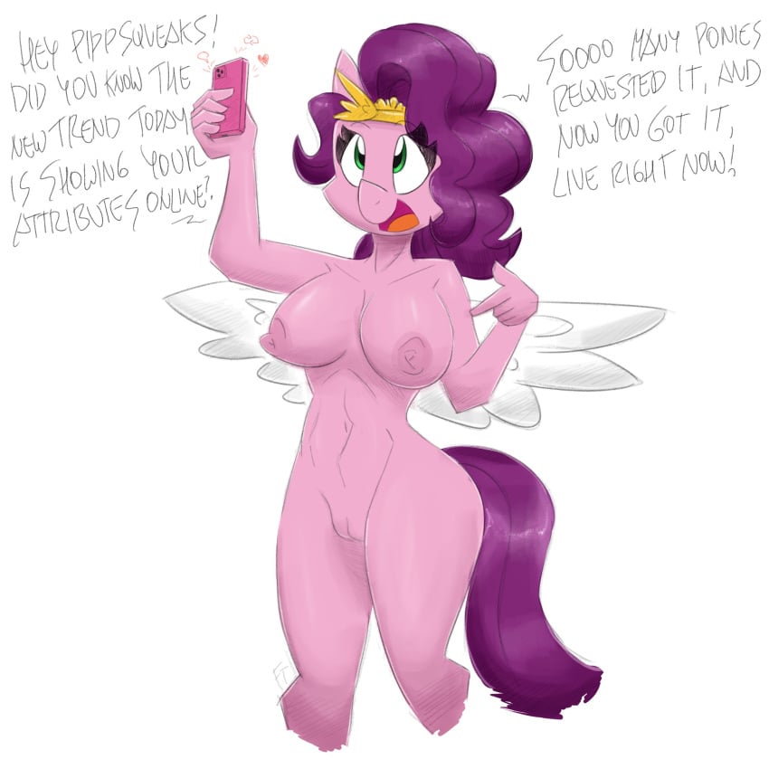 1girls anthro anthrofied breasts crown equid equine eyelashes female female_only fingers flutterthrash furry genitals green_eyes hair hasbro hi_res holding_object jpg livestream mammal mlp_g5 my_little_pony navel netflix nipples nude pegasus phone pink_body pink_nipples pink_skin pipp_petals_(mlp) purple_hair purple_tail pussy simple_background solo tail text white_background wings