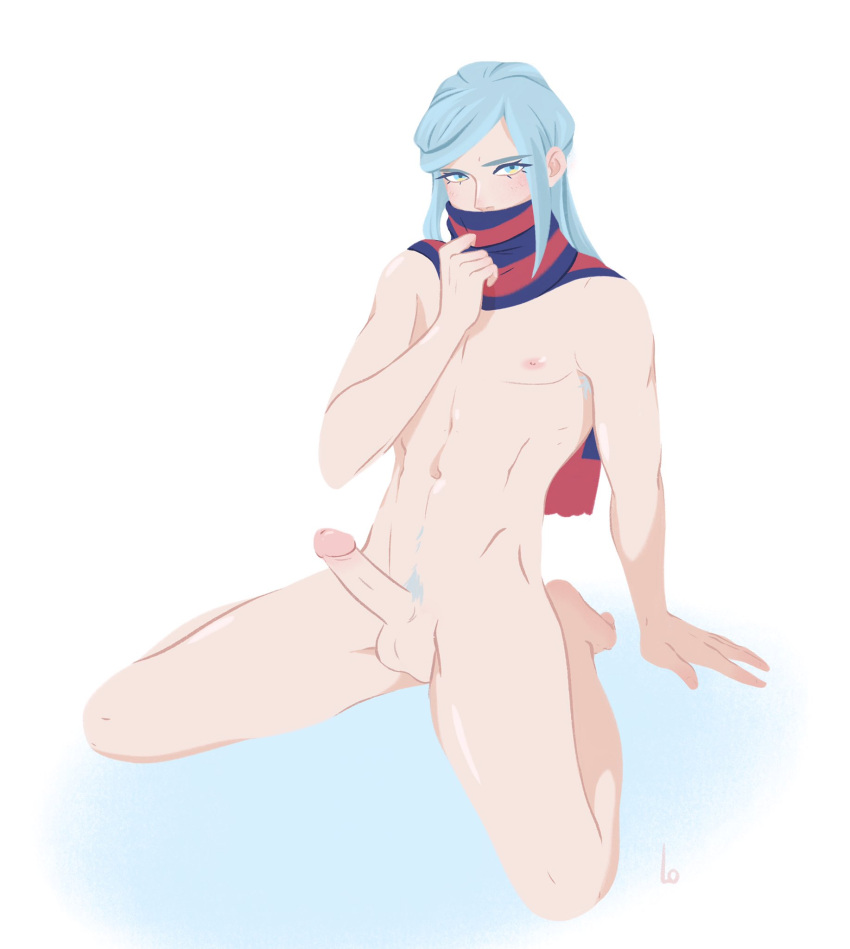 1boy bishonen erection femboy grusha_(pokemon) kneeling long_hair_male lophilia_spicy male male_only nude_male penis pokemon pokemon_sv pubic_hair scarf scarf_over_mouth silver_hair testicles