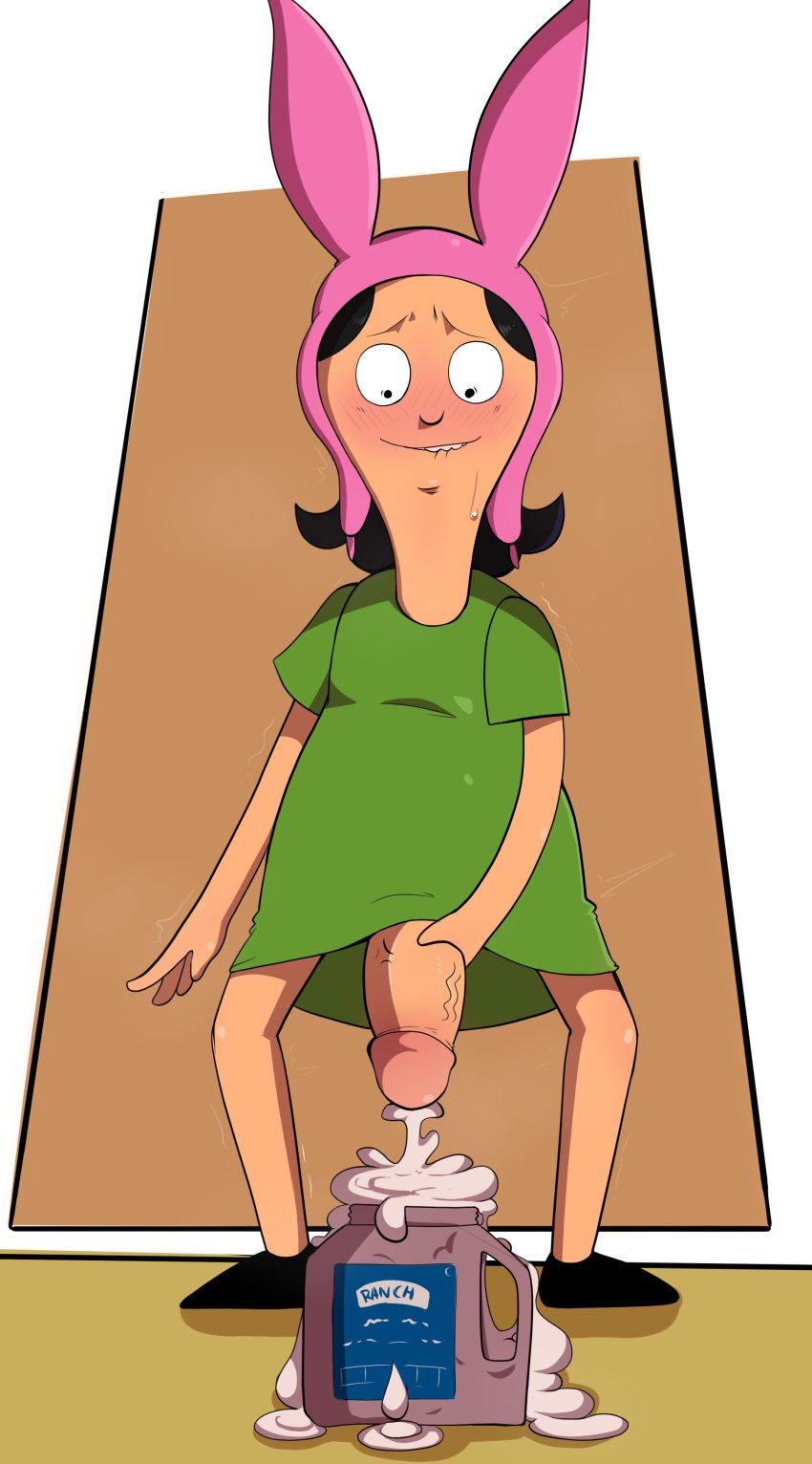 bob's_burgers brown_background clothing cum fate34 footwear futanari headwear human intersex louise_belcher masturbation orgasm pale_skin ranch_dressing white_background young