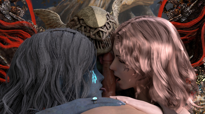 1boy 3d 3d_(artwork) 3girls blender blue_skin collaborative_fellatio elden_ring fantasy fellatio fellatio_pov fffm_foursome foursome fromsoftware gretdb harem malenia_blade_of_miquella melina_(elden_ring) multiple_girls partial_male pov ranni_the_witch tagme teamwork three_on_one triple_fellatio