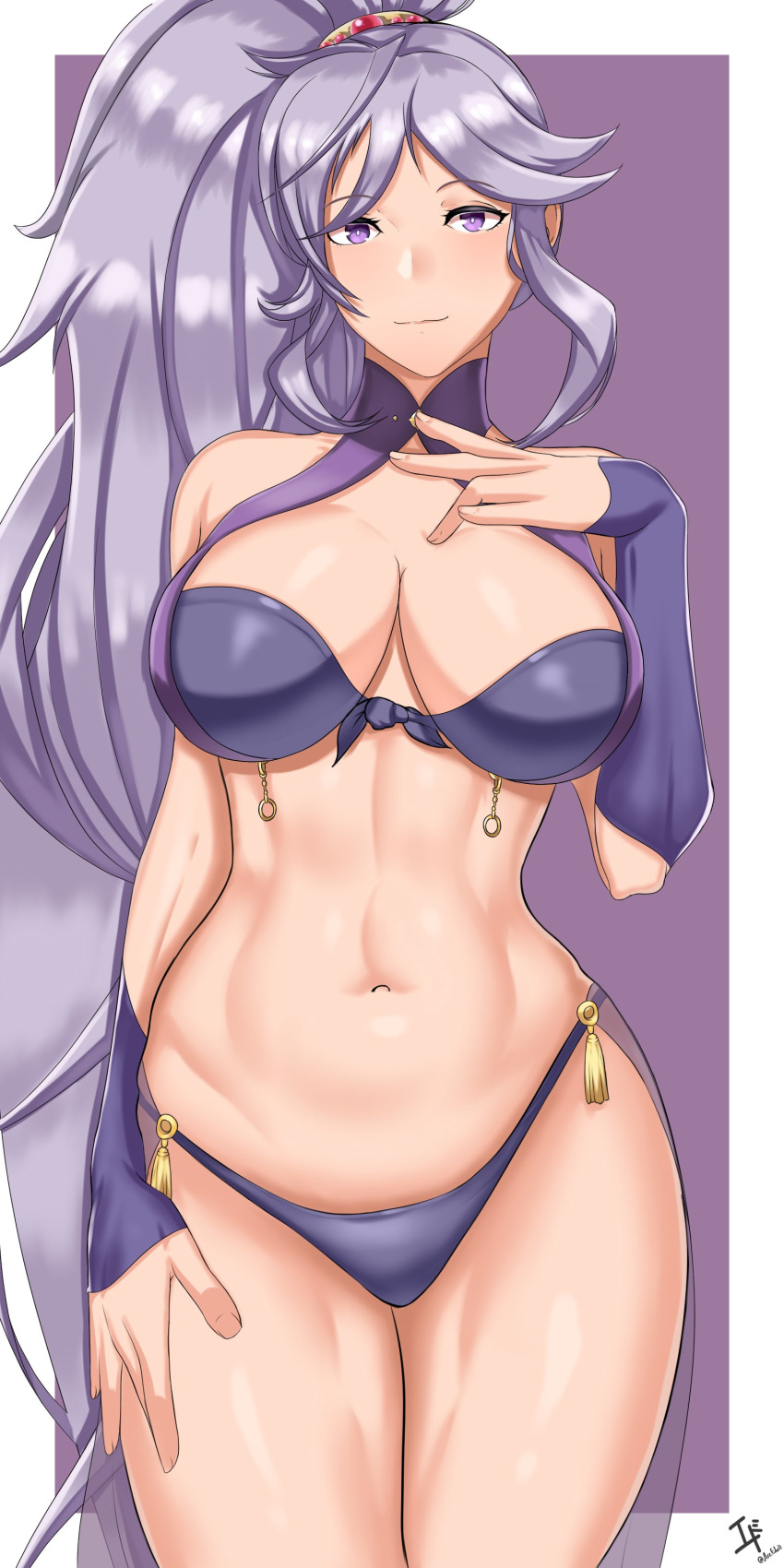 1girls alternate_costume arcedo bare_thighs bikini breasts female female_only fire_emblem fire_emblem:_genealogy_of_the_holy_war ishtar_(fire_emblem) large_breasts long_hair looking_at_viewer nintendo ponytail purple_bikini purple_eyes purple_hair purple_swimsuit smile solo swimsuit thighs very_long_hair